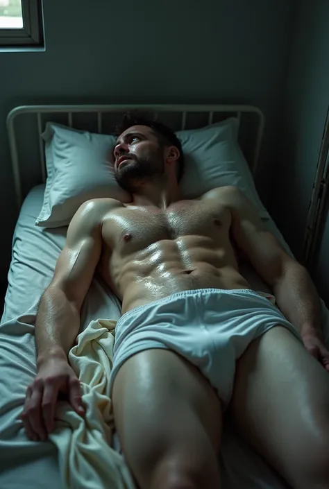 A man in a single bed wearing wet white underwear from a tough dad
