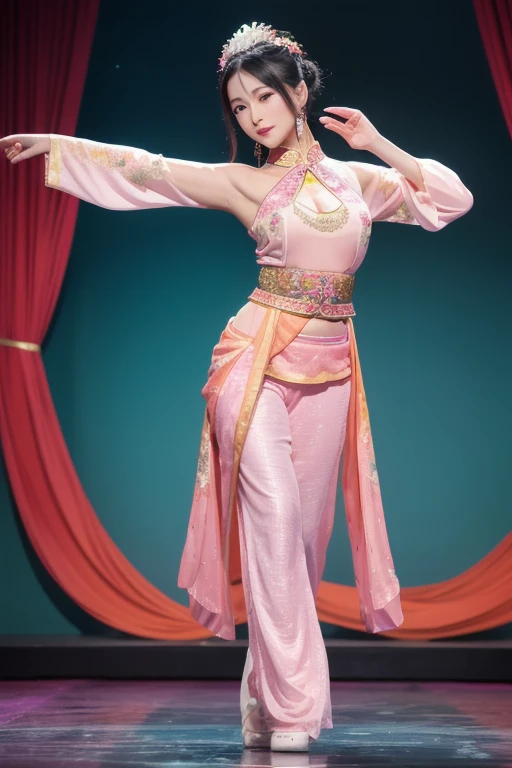 The woman is wearing a rose pink and yellow ancient dance costume, including a full-length halter top blouse, and chiffon trousers on the bottom. She is an oriental beauty with a very Chinese style. The costume is very Song Dynasty style. She has her back ...