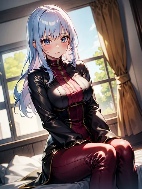 (​masterpiece, top-quality, hight resolution, Unity 8k, extremely details CG:1,Best Picture), ((1girl)), married woman, lingerie set, "A slightly older woman, dressed in a revealing and youthful outfit that emphasizes her figure, sitting in a cozy room. Sh...