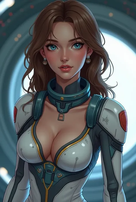 A twenty-year-old girl , Caucasian type ,  with blue eyes and brown hair ,  cup chest wearing a spacesuit and earrings on a spaceship.,  she is sexy with a D .,  the whole body is visible .,  same face as the image prompt 