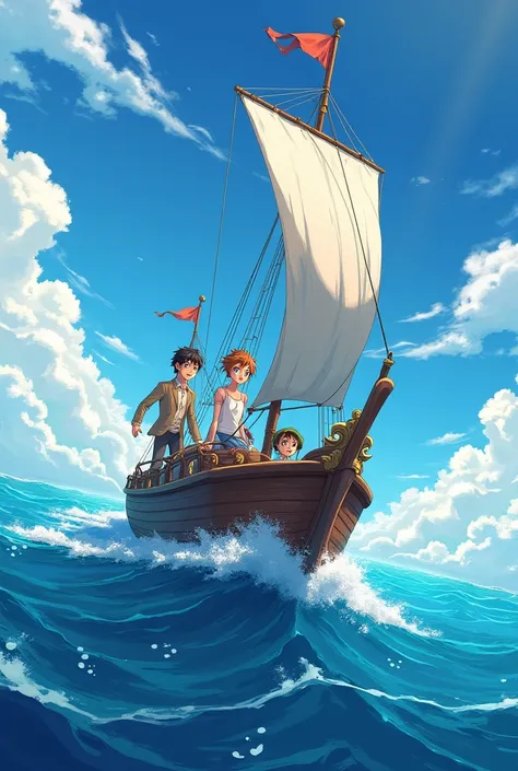 A Teen boy and girl sailing with a doctor archeologist in a vast ocean with open sky non realistic anime