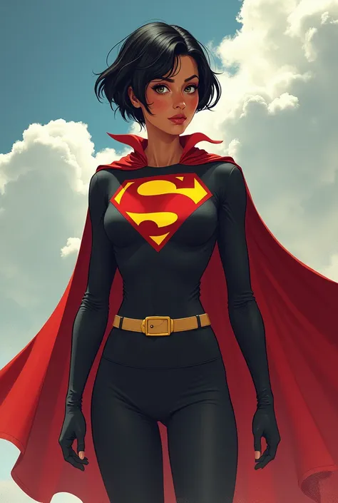 A light-skinned woman,  black hair and short at the shoulders, with a cape that says super L 