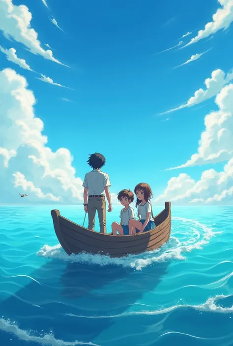 A Teen boy and girl sailing with a doctor archeologist in a vast ocean with open sky non realistic anime enhance details 