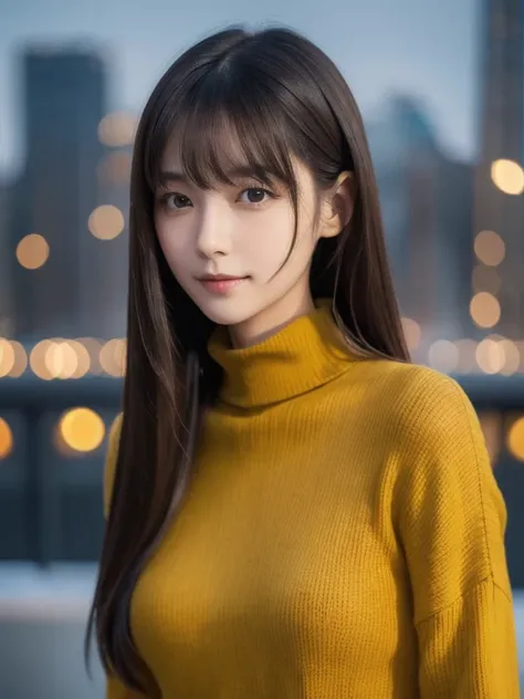 a girl, (Dark yellow turtleneck thin sweater), Original photo, Best Quality, Realistic, very delicate and beautiful, Very detailed, 8K wallpaper, High resolutionsoft light, Very detailed目と顔, delicate nose, Detailed and beautiful eyes, cinematic lighting, c...