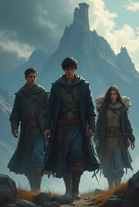  hello, Imagine the cover of a book about three brothers  (Two men and a woman)  as protagonists walking around to see their faces,  and behind a mysterious mountain horizon . Major , maxi, In the middle he holds a sword  ,  He has short black hair . Lauta...