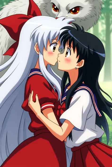 Picture of Sesshomaru and Kagome together kissing with their ren in the back (They are characters from an anime called Inuyasha by creator Rumiko) +( sesshomaru character with white hair, golden eyes and features of her mother the demon Irazue) +(Kahgome a...