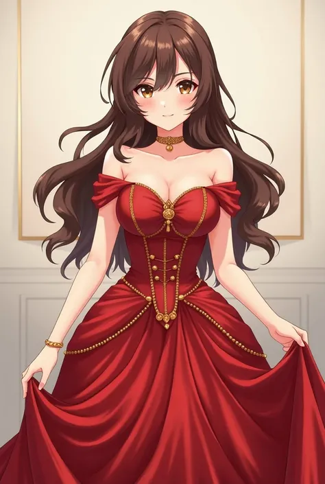 A beautiful anime-style woman with brown hair and brown eyes wearing a red princess dress. She has a fringe .  It has a sturdy body and big boobs. Your dress doesnt squeeze your waist .