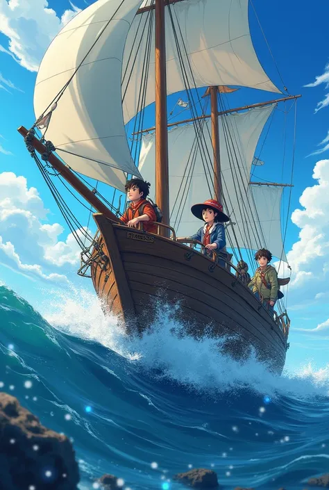 A Teen boy and girl sailing with a doctor archeologist in a vast ocean with open sky non realistic anime enhance details, make it adventurous 