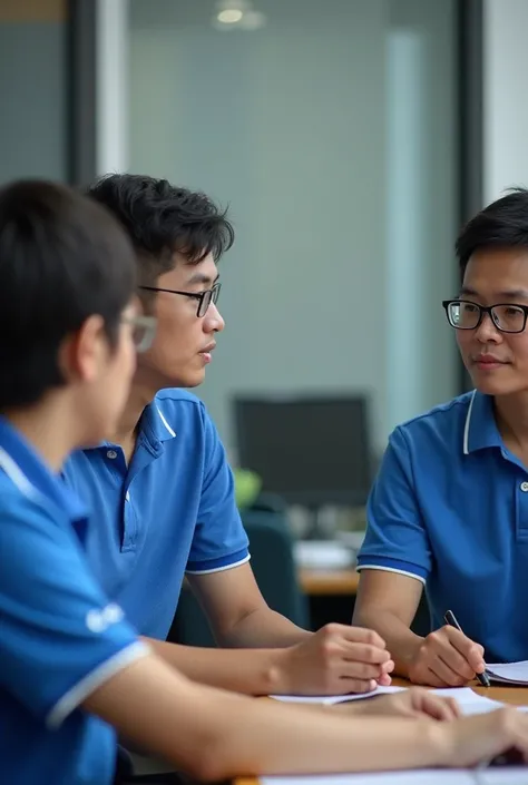 This image shows a group of four people working or discussing in an office environment. They are Vietnamese. They are all wearing polo shirts, which are predominantly blue with white details on the collar.