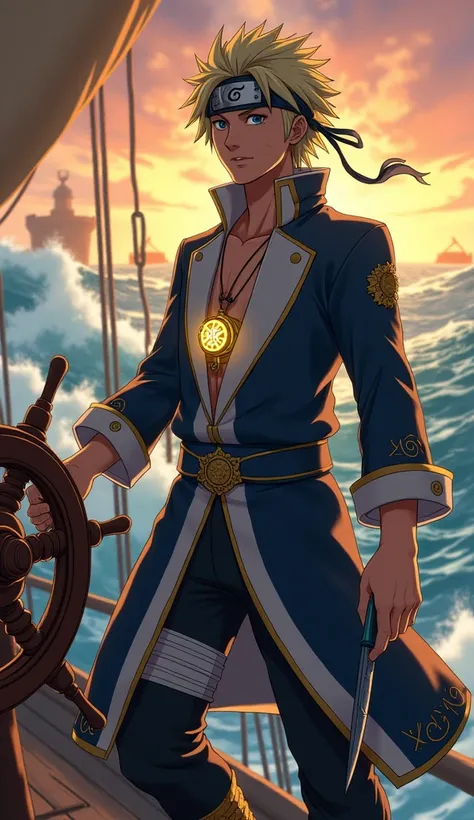 Portugal
Naruto as an oceanic voyager, dressed in a royal navy-blue and white outfit inspired by Portuguese explorers, with golden rope patterns and a chakra compass pendant glowing on his chest. His hair is sandy blonde with streaks of seafoam green, blow...