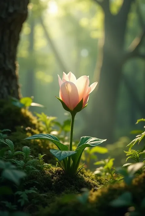  create a flower in a forest where it is still in a bud phase(That hasnt blossomed ).  hyperrealistic photography , 8k