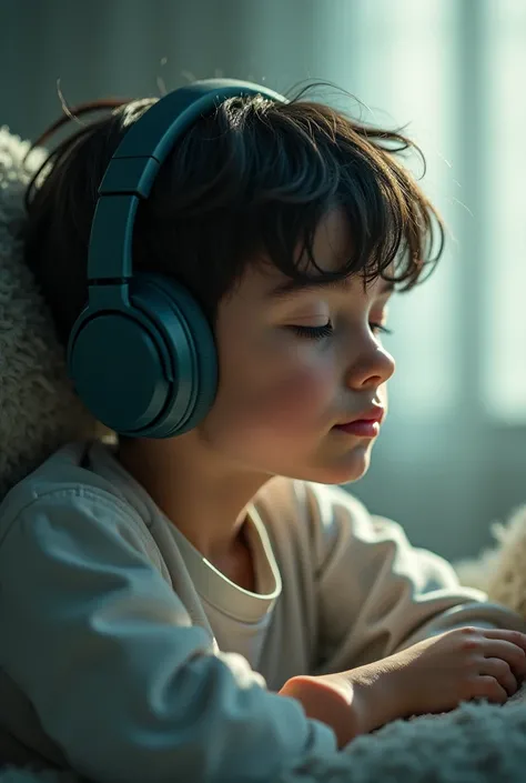 A boy is listening a song with his headphones 
