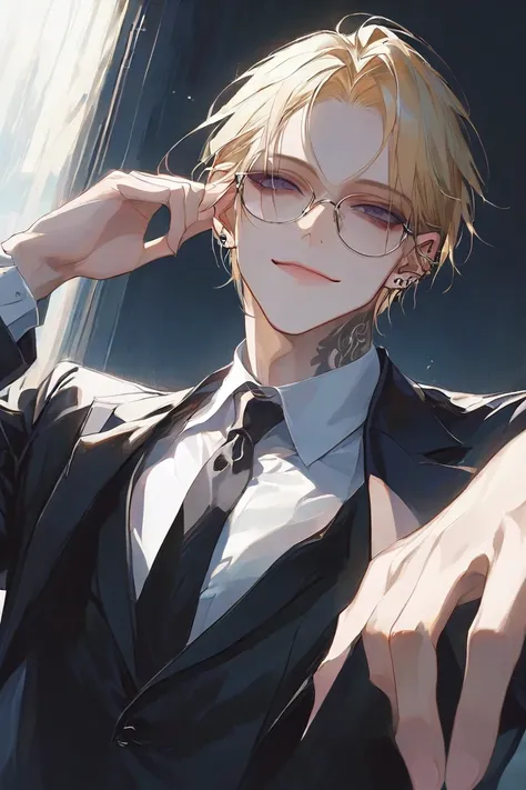  blondes,male,suit, Dark Eyes, suit,       sexy,       Open Ear Piercings  ,1 person,Alone,        high res,certainly,Glass,        Top Quality        , Extremely Intricate Face        ,male性,young,        attractive , good-looking,       shortcuts、     we...