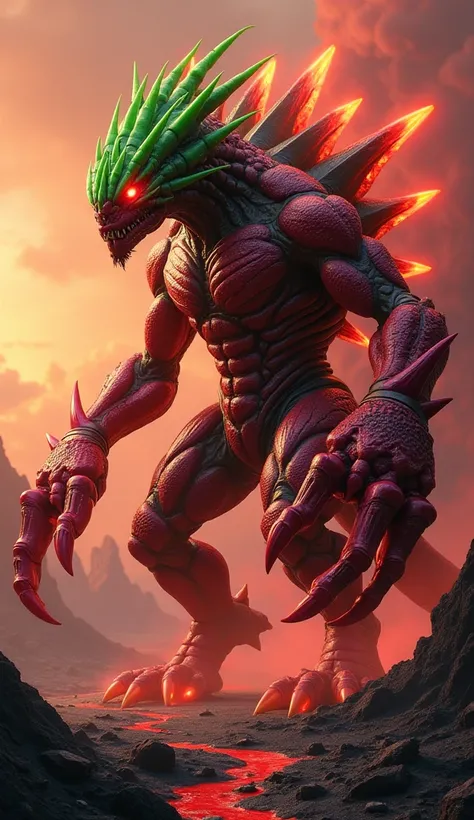 Creating Description: A massive, muscular hybrid of a scorpion and dragon fruit, standing in a fiery volcanic world. Color: Deep crimson body with green highlights, glowing spikes, and dark brown accents. Environment: Volcanic terrain with molten rivers, a...