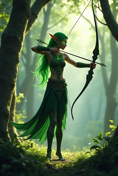 Green haired elf, glowing eyes and holding a bow and arrow