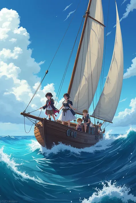 A Teen boy and girl sailing with a female doctor archeologist in a vast ocean with open sky non realistic anime enhance details, make it adventurous and exciting and add The Lost Horizon bellow