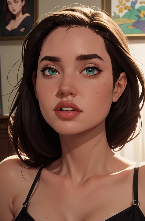 mulher arafada with green eyes e uma jaqueta preta,  masterpiece ! Portrait of Arwen, with green eyes deslumbrantes, art in the style of terry moore, with green eyes escuros, with green eyes, black hair and large eyes, Angelina Jolie animatrônica , Mortici...