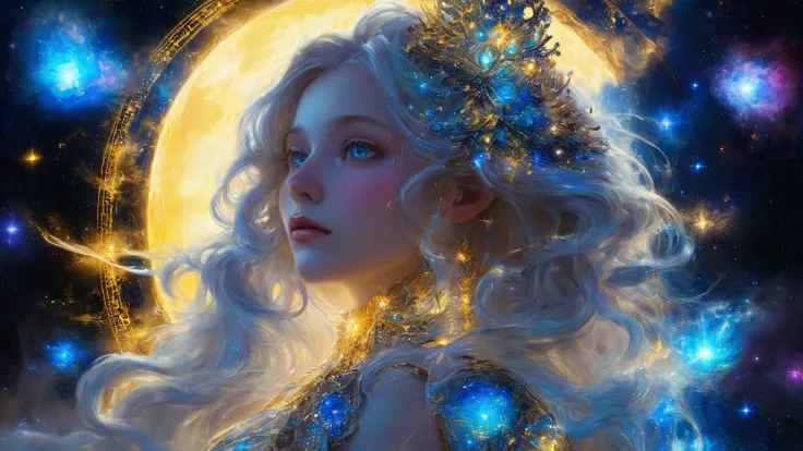 A celestial goddess with radiant energy at the center, brilliant blue and yellow cosmic light, surrounded by stars and circular cosmic shapes, futuristic and ethereal.color mainly yellow and blue. Behind is the glowing moon. The goddesss face is also brigh...