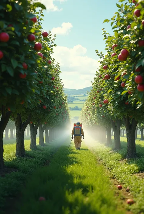 A apple tree farms  . pesticides are sprinkle over the trees 