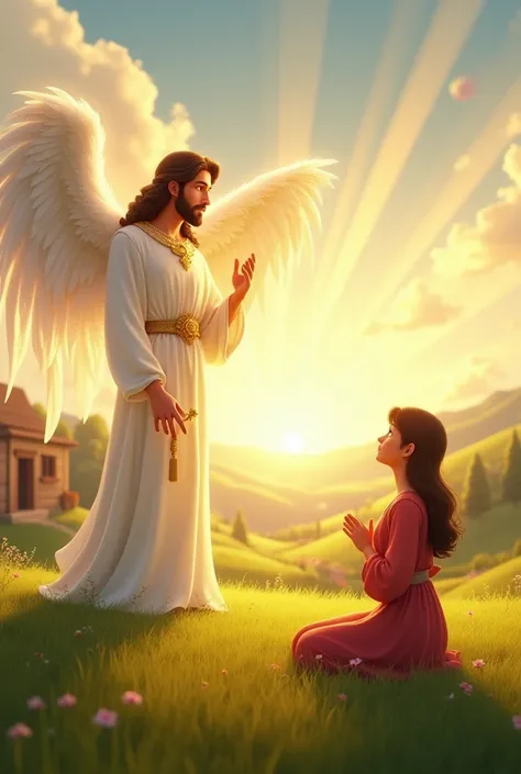 An angel of the Lord appears to a humble woman in a serene countryside setting, delivering a divine message in a brilliant heavenly light. The male angel has a radiant and gentle expression, with flowing robes and luminous wings, hovering slightly above th...