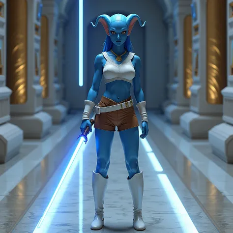  A blue-skinned woman of the species  "twilek " from star wars (( realistic ))  dressed in a brassier and a small, tight brown leather shorts,  with white knee-length boots .  With a white belt .  wears white bracelets and a gold necklace surrounding her n...