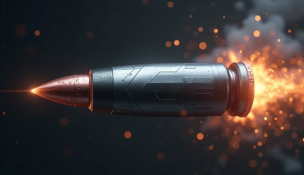 Design a stylized, high-tech bullet with a sleek, metallic finish, surrounded by a halo of energy and a subtle explosion effect in the background, conveying its lethal potential.