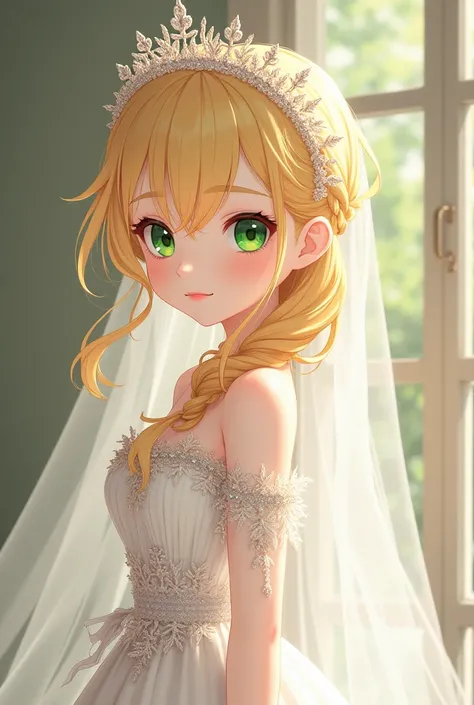 An almost bright yellow blond girl with green eyes from Germany dressed as a wedding adult beautiful, style/version anime