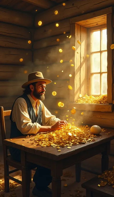 The farmer sits at a wooden table inside his modest home, surrounded by dreams of wealth. Gold coins, treasures, and luxurious items fill the room as a vision in his mind. His expression changes from wonder to greed, his eyes fixated on the golden egg.