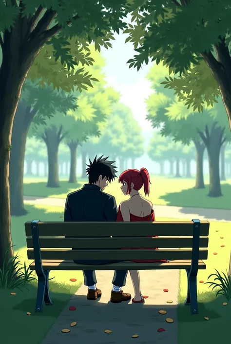 Sasuke and Sakura, sitting on a bench, background is a park, in front 