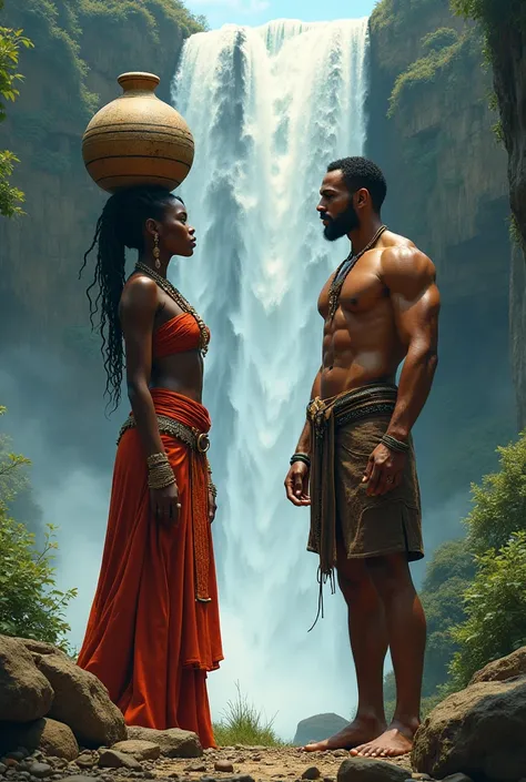 Imagine design: a magnificent African warrior woman with a calabash on her head is talking to a charming muscular African warrior in front of a waterfall. 