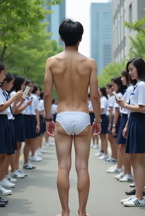 South Korea main avenue male student male student male student baron completely naked and barefoot in a resting place without underpants without any clothes he is standing showing his round and cute butt while all the female students in uniform take a pict...