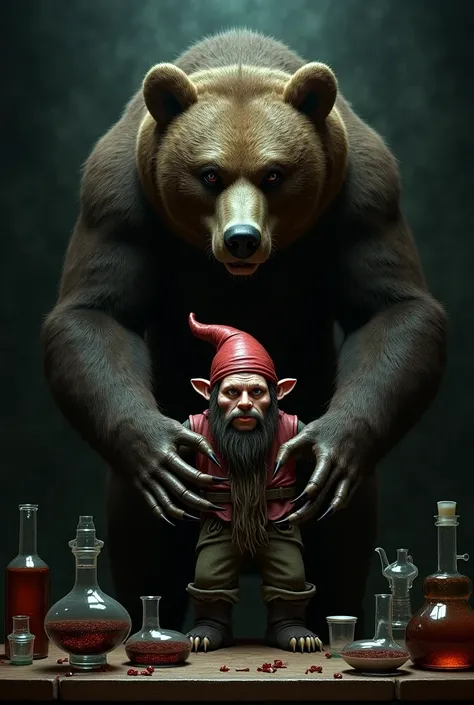 An evil bear with lenses with a Gnome in his hand drawing drugs