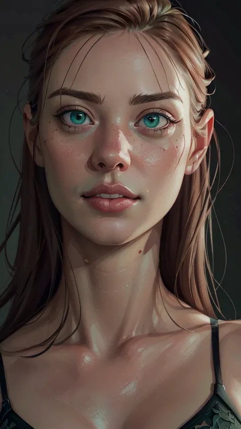 a close up of a woman with a black bra top and green eyes, realistic digital art 4 k, realistic digital art 4k, realistic digital painting, realistic artstyle, 8 k realistic digital art, realistic art style, detailed beautiful portrait, detailed digital pa...