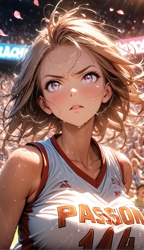 (Sports magazine cover photo), Highest quality, Great quality, 16K, Unbelievably absurd, Very detailed, delicate and dynamic, Natural light, The particles reflect light, Diffuse reflection of light, Many rainbow-colored petals fall, Beautiful street, Spark...