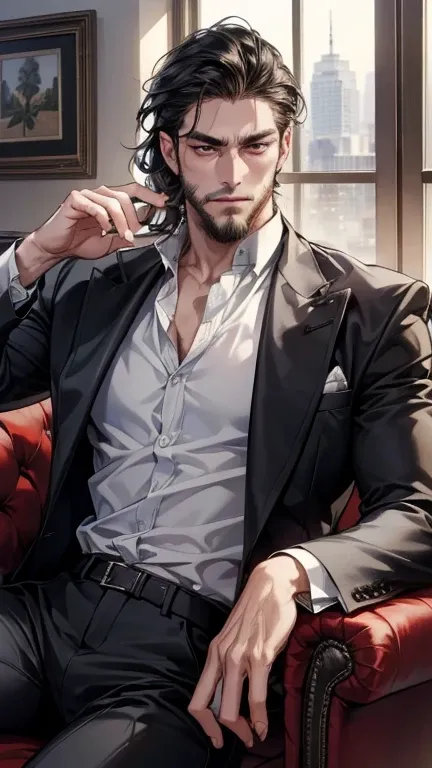 (best quality,4k,8k,highres,masterpiece:1.2),ultra-detailed,(realistic,photorealistic,photo-realistic:1.37),36 year old man,3 day beard,handsome anime,portraits,strong,masculine,dark hair,sharp jawline,mesmerizing eyes,perfectly styled hair,cool anime outf...