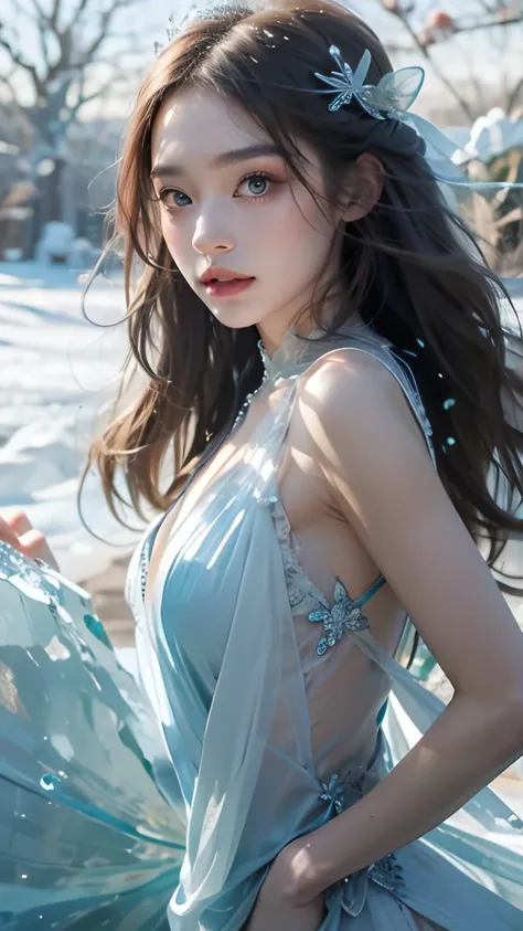 reality，Glacier Mountain Shore ， Under an Ice Crystal Peach Tree ， A Snow Princess ， long hair, delicate face， Wearing a White Crystal Folding Dress， Looking at the Snow Sea ， tripartite lens , Collage , 