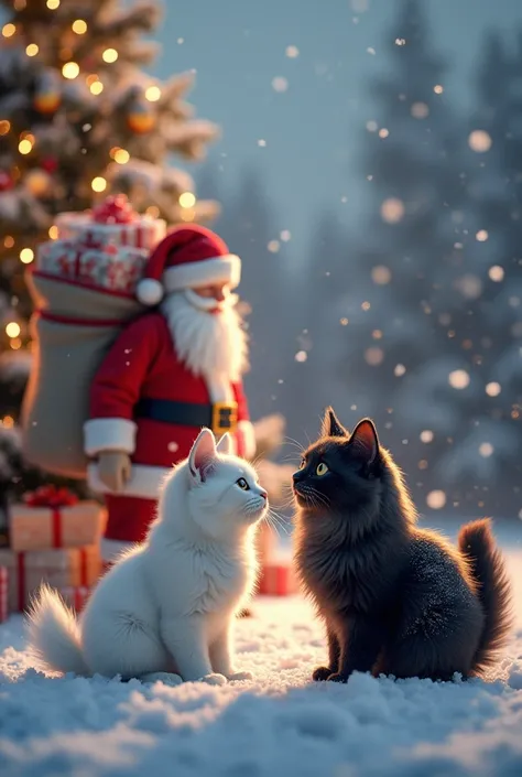  A white fluffy cat and a black fluffy cat are standing near a beautiful New Year tree, Santa Claus is standing next to them with a bag of gifts ,  professional photo ,  realistic,  hyper detail  