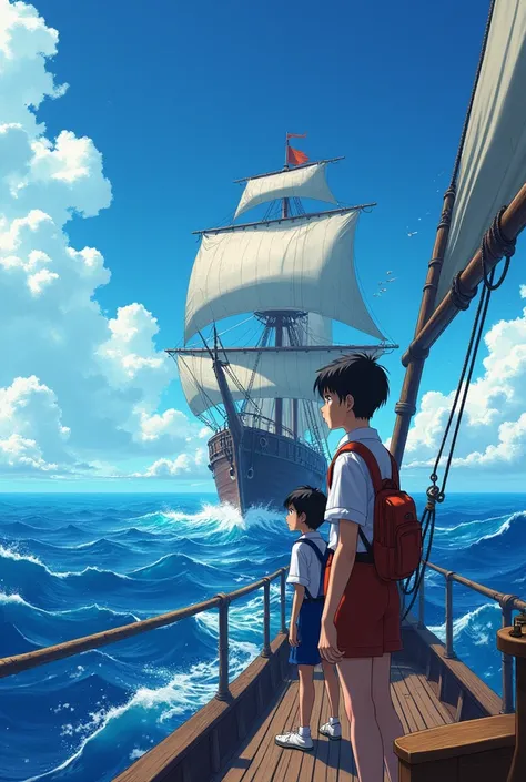 A Teen boy and teen girl sailing with a female archeologist in a vast ocean with open sky non realistic anime enhance details, make it adventurous and exciting more details