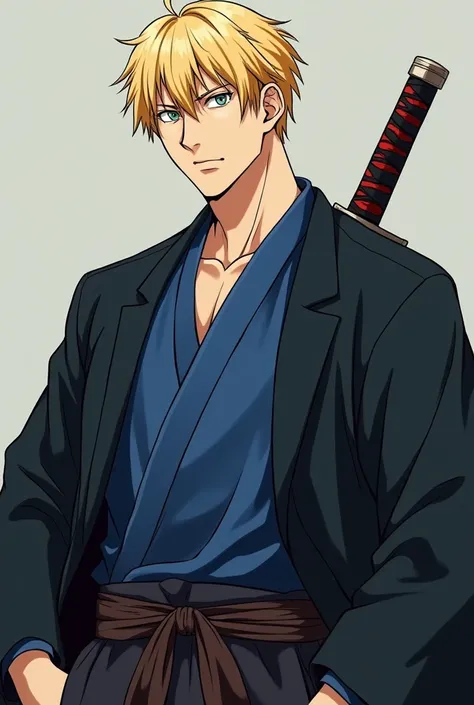 Fassa a full-bodied man ,  with short blond hair and green eyes,  very high,  very muscular and very intimidating , with a blue shirt,  a black kimono on top and a sword.  like Nanami from the anime Jujitsu Kaisen