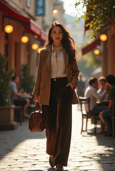 A woman wearing wide-leg velvet pants with a long-sleeve button-up shirt and a cozy turtleneck, strolling through a quaint café district, paired with elegant oxford shoes and a structured handbag.

