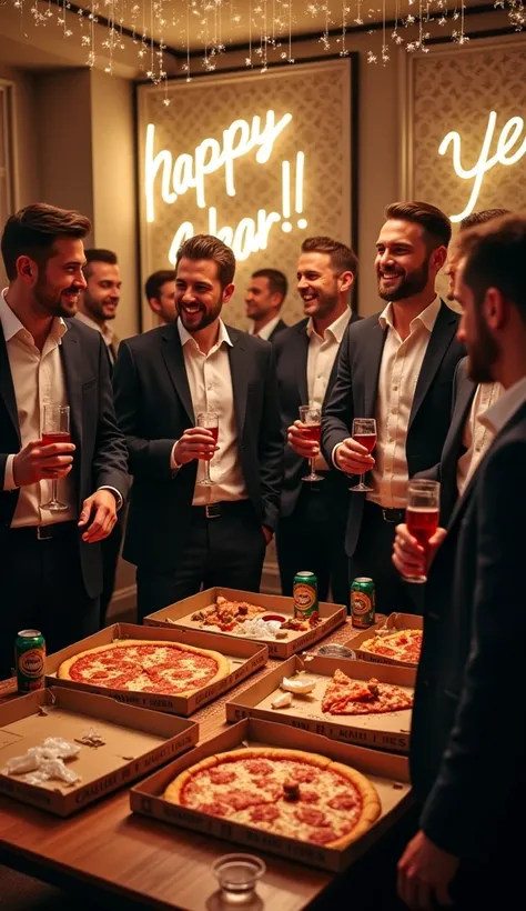 a group of well-dressed men partying inside a room, pizza boxes can be seen, cans of beer fill the tabletop, the words "Happy New Year!" is decorated on the wall, 