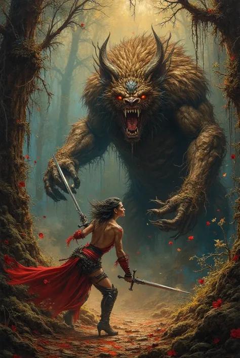 A sexy vampire girl with a sword in fighting stance with sword looking towards attacking a gigantic lycanthrope, a deep forest background, dominates lithographic cinematic painting, mixed media print showcasing advanced organic technology, clear engraved o...