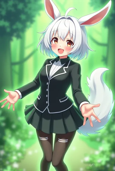 A cheerful anime girl with short white hair and a black tuxedo shirt and with a short black miniskirt and black tights with 2 white stripes and with rabbit ears and with a wolfs tail and with a green aura