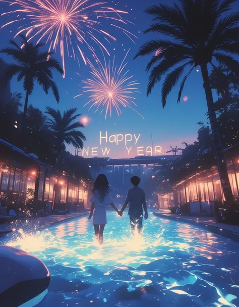 "Happy New Year" will be displayed on the screen as a header.

New Years night pool, fireworks of celebration, Late Night, Glowing night pool, The darkness and lights create a stylish atmosphere, An extraordinary resort-like vibes,

Do you remember when we...