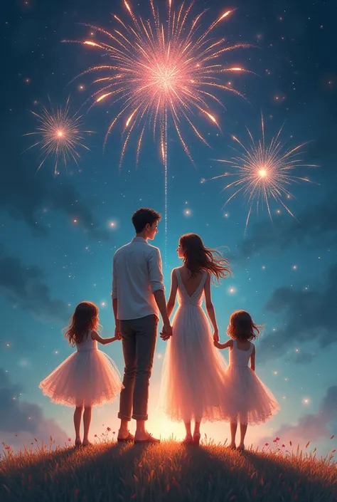 Family composed of a man, a woman and 3 girls, little women in the starry night formed by fireworks 2025
Imagen Fantasia Que Dia  "Happy 2025 "