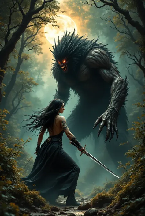 A sexy vampire girl with a sword in fighting stance with sword looking towards attacking a gigantic lycanthrope, a deep forest background, dominates lithographic cinematic painting, mixed media print showcasing advanced organic technology, clear engraved o...