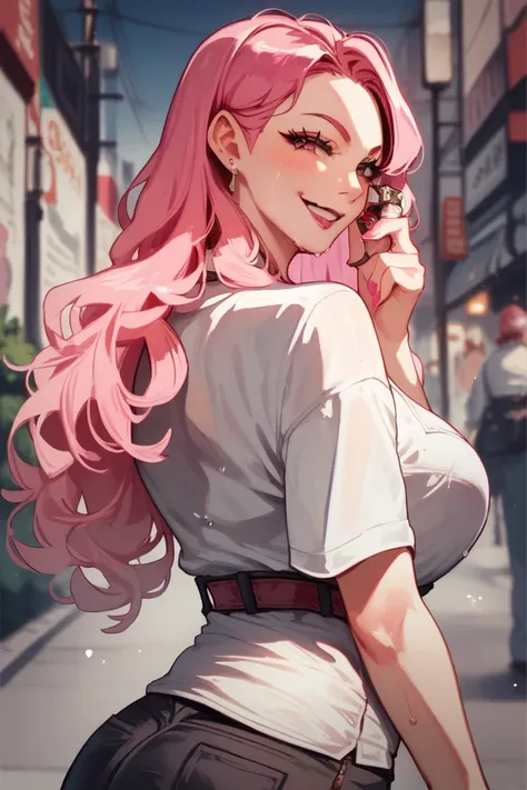 1girl, view from behind, Looking at viewer, Pink Hair, Long Hair, Evil Smile, Anime, Curvy, sweaty, contemporary fashion, urban background, Masterpiece