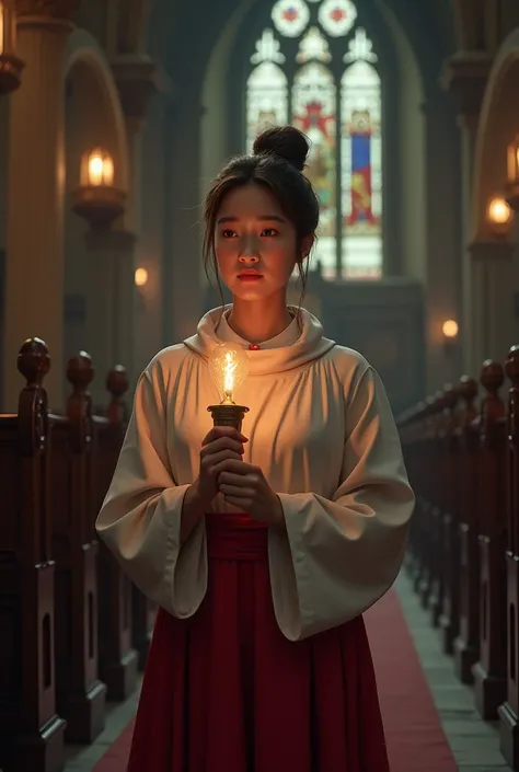  altar server wearing white and red robe hair tied in a bun and with a torch in her hand 