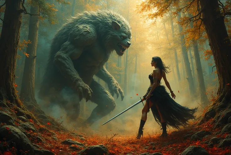 A sexy vampire girl with a sword in fighting stance with sword looking towards attacking a gigantic lycanthrope, a deep forest background, dominates lithographic cinematic painting, mixed media print showcasing advanced organic technology, clear engraved o...