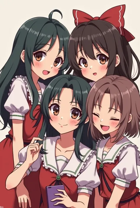 Four Indonesian women in flat-chested touhou dress take selfies together